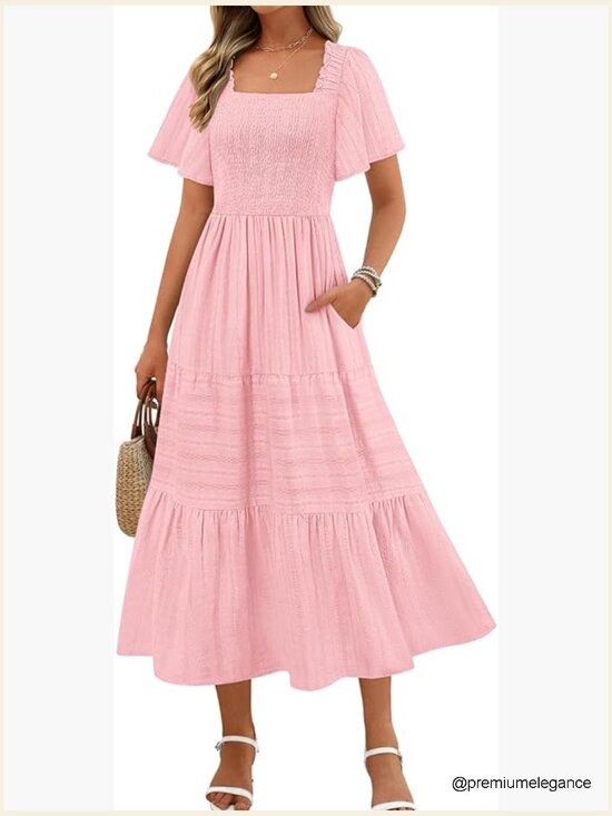 Dresses & Skirts - Summer Midi Dress with Pockets, Smocked Bust, Ruffle Tiered Boho Style